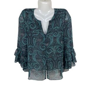 Hinge Green Ruffle detail sleeve Buttoned Blouse